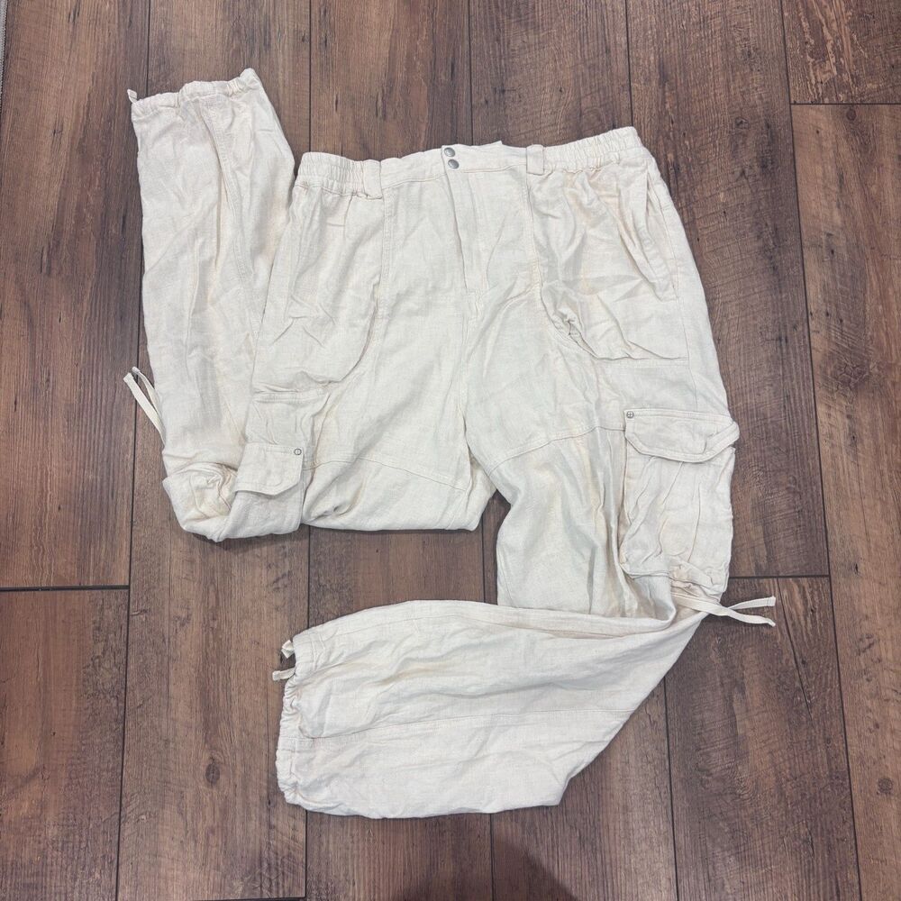 Anthropologie Ivory Cargo Pants Linen Blend Jogger Convertible Cinch Cream Sz M - Picture 2 of 9